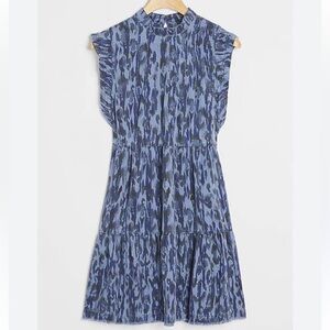 Anthropologie Jenee Tiered Tunic Dress Blue Leopard Print Sz XS